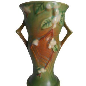 Vintage Roseville Pottery Snowberry 1940's Green Vase Art Deco Handled #1